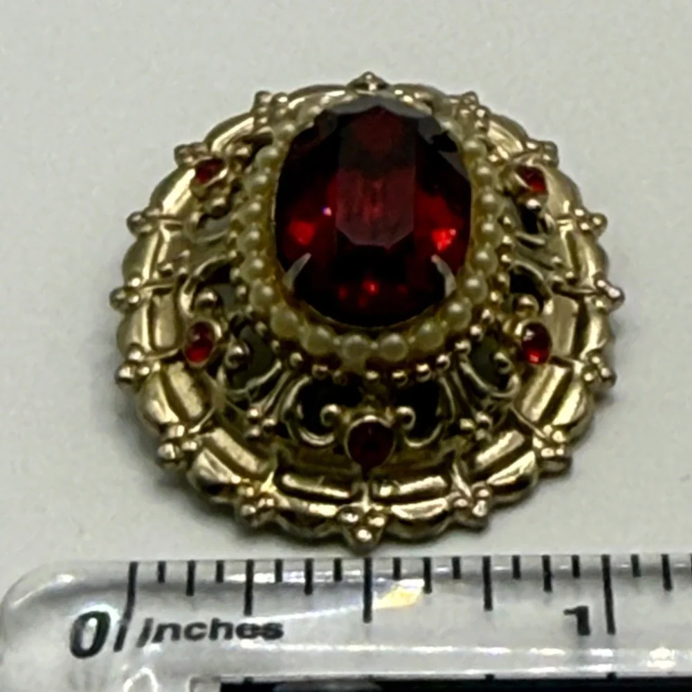 Vintage Coro Ruby Red Glass Faux Pearl Gold Tone Filigree Oval Brooch Pin